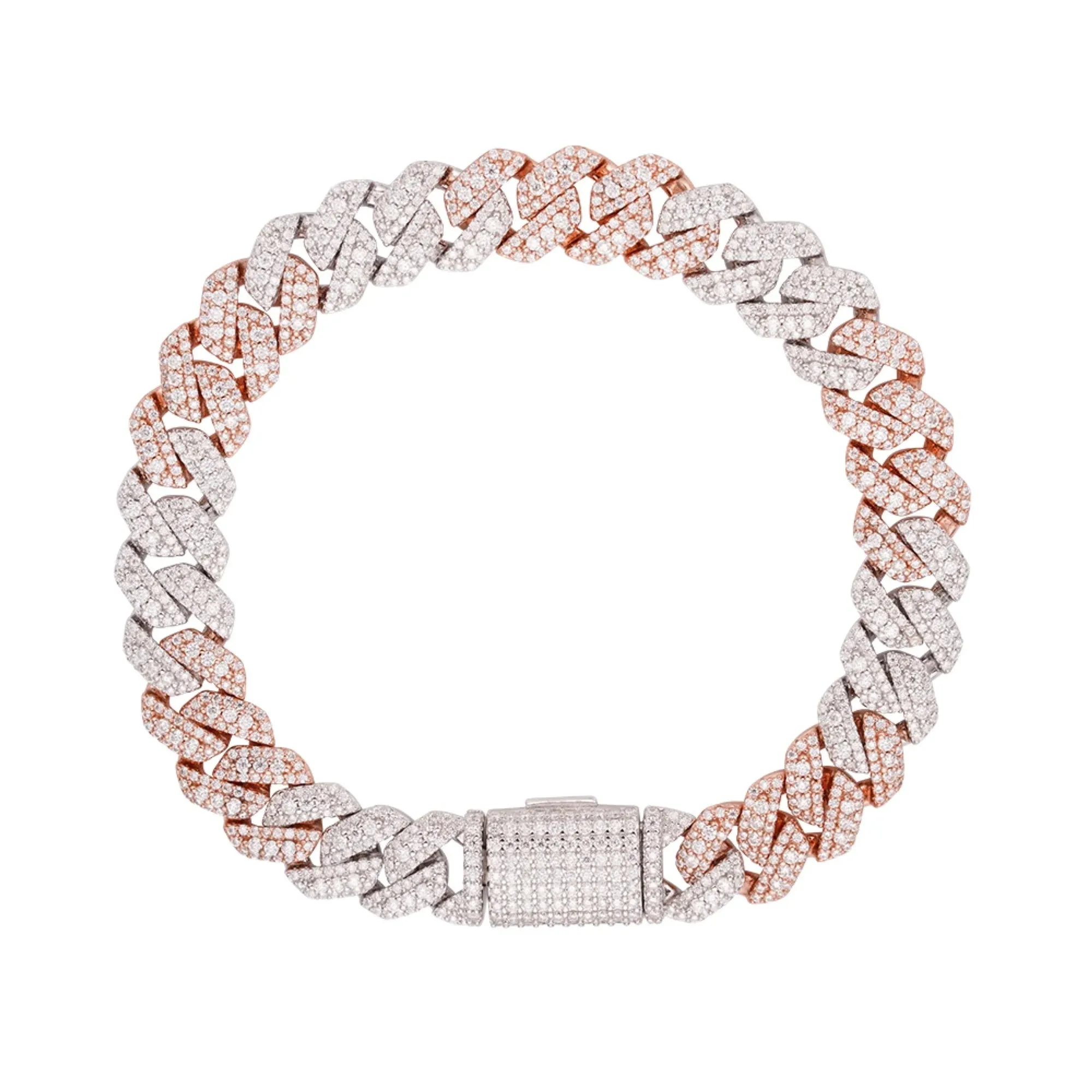 10mm Cuban Bracelet Moissanite Solitaire 2 Tone Rose 925