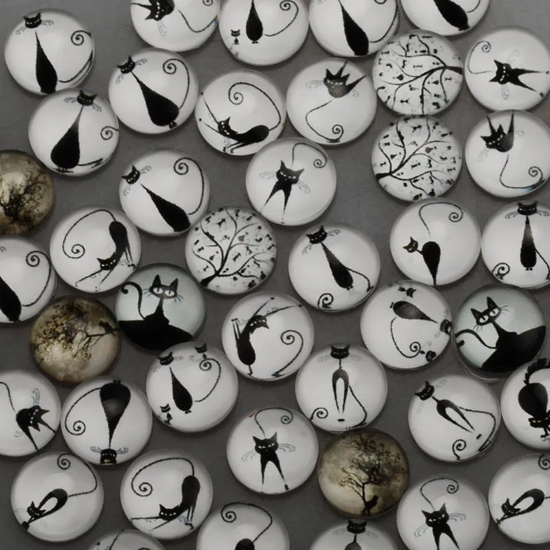12mm Round glass cabochons,cartoon cat pattern glass cabochon,flat back,thickness 4.5mm,50 pieces/lot