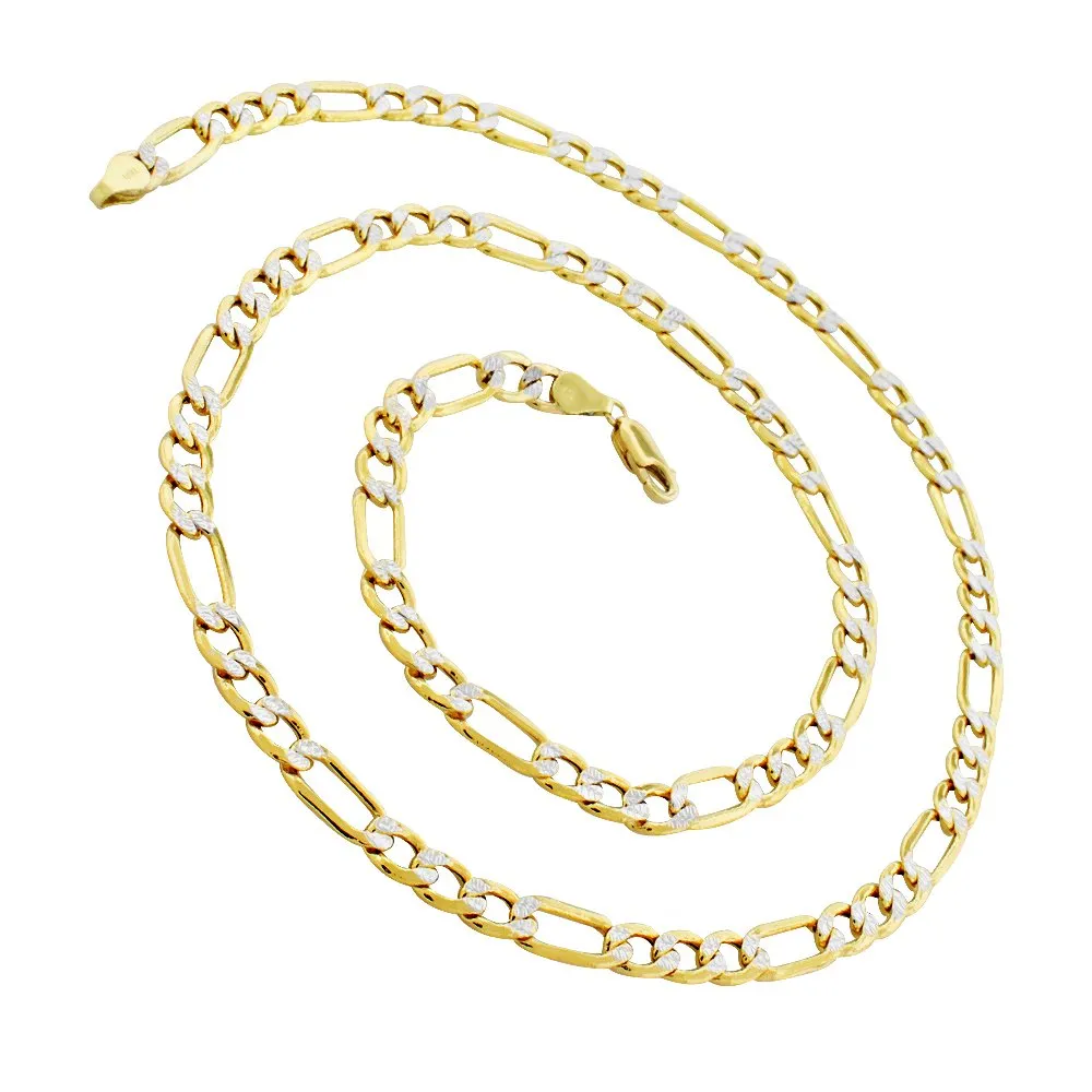 14K Yellow Gold 6mm Hollow Figaro Diamond Cut Pave Link Chain