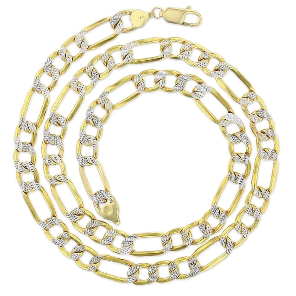 14K Yellow Gold 9mm Hollow Figaro Diamond Cut Pave Link Chain