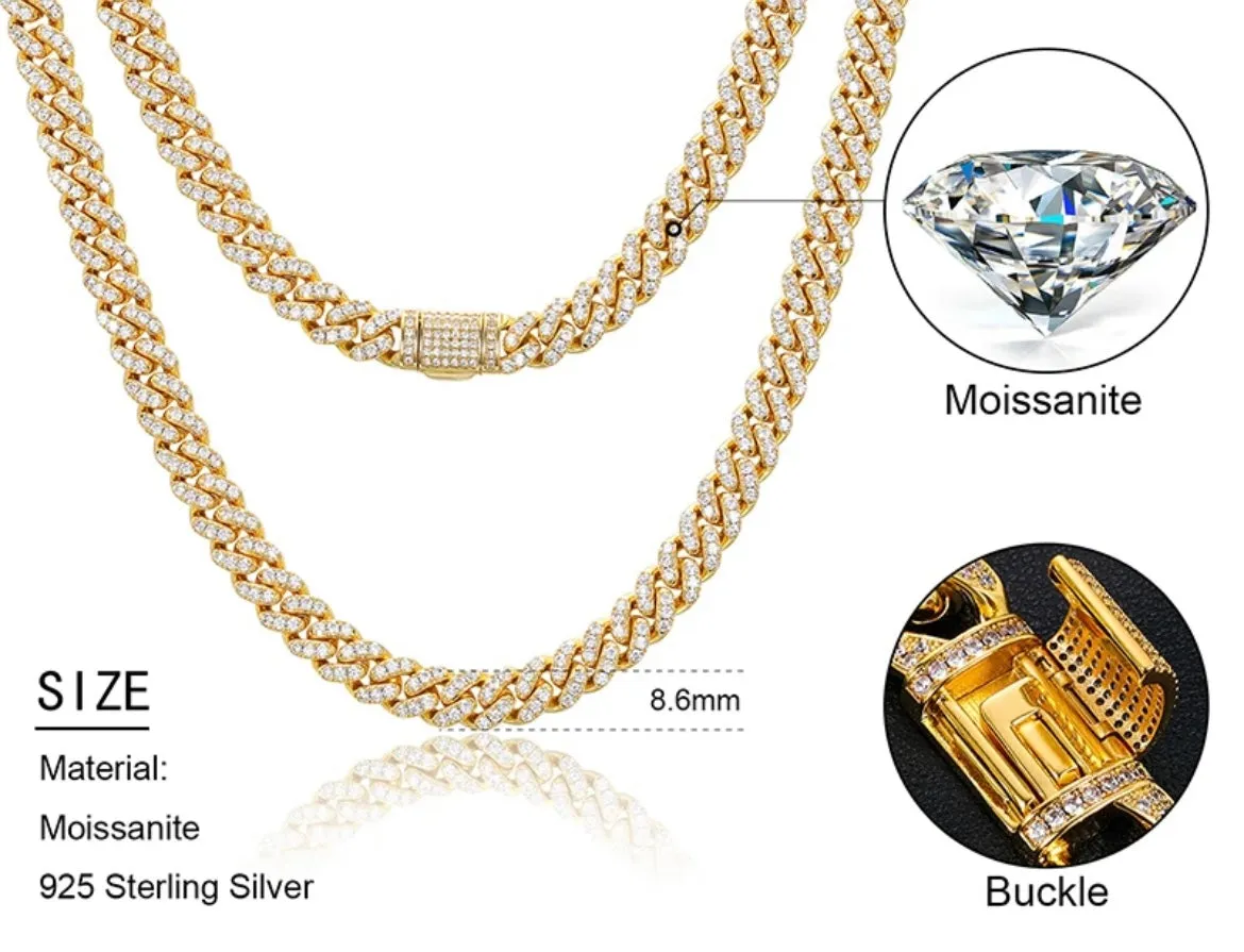 22" 925S VVS MOISSANITE 8.5MM CUBAN LINK CHAIN-GOLD