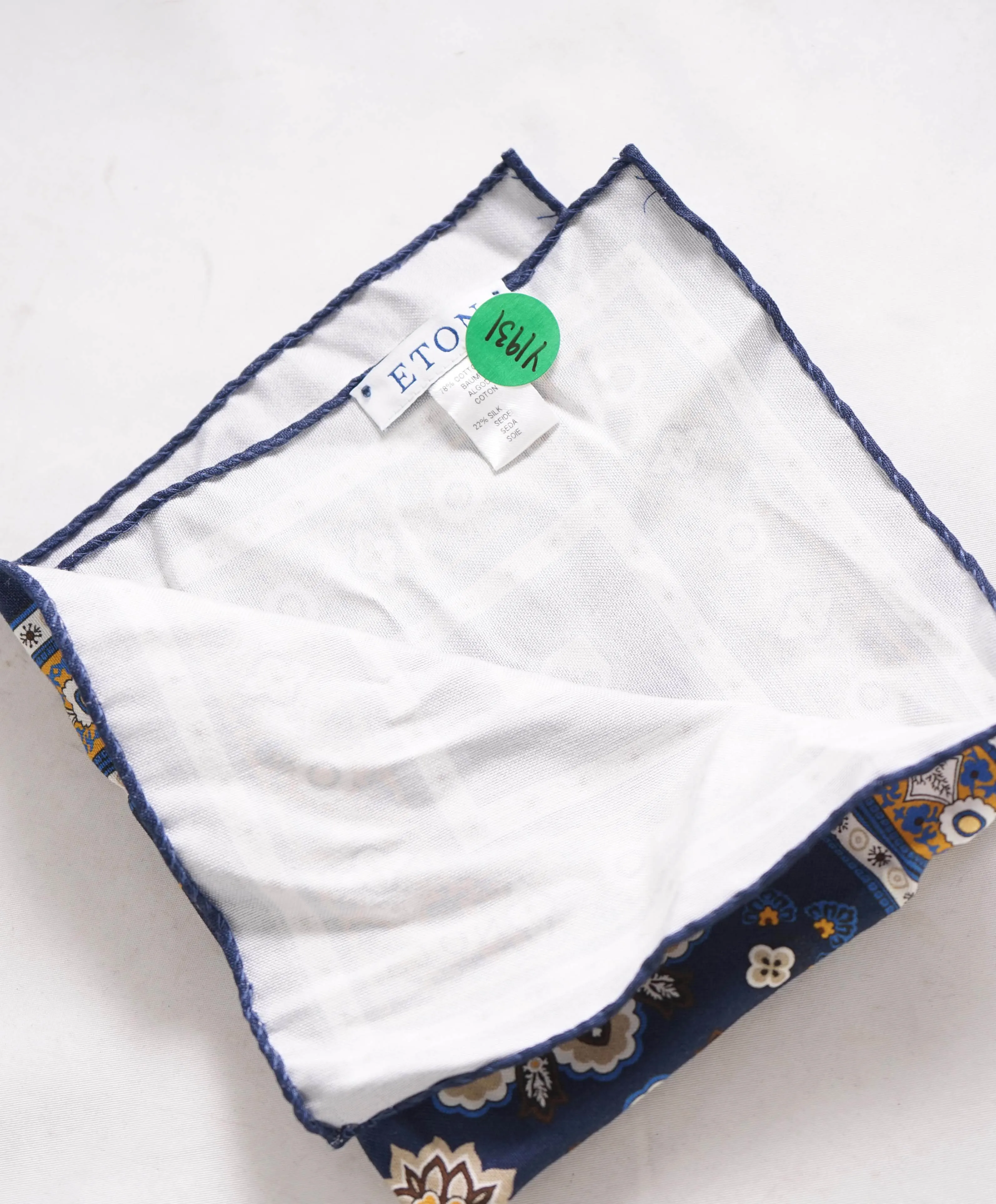 $75 ETON - Yellow & Blue Cotton/Silk Hand Rolled Pocket Square - N/A