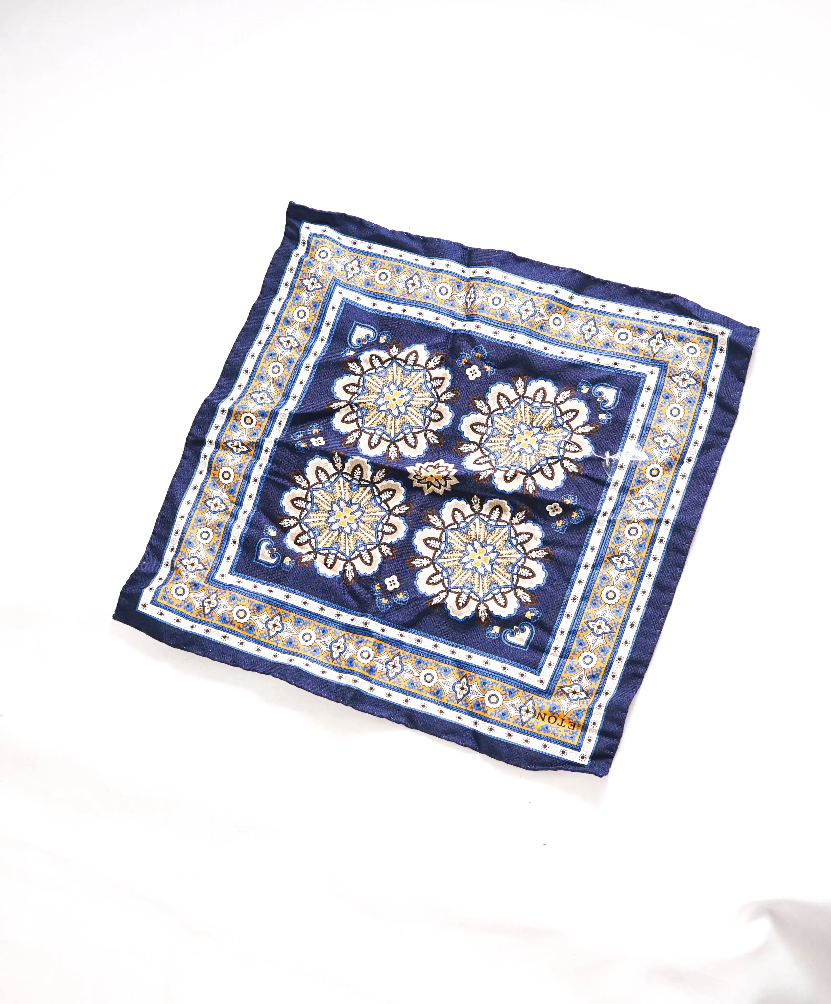 $75 ETON - Yellow & Blue Cotton/Silk Hand Rolled Pocket Square - N/A