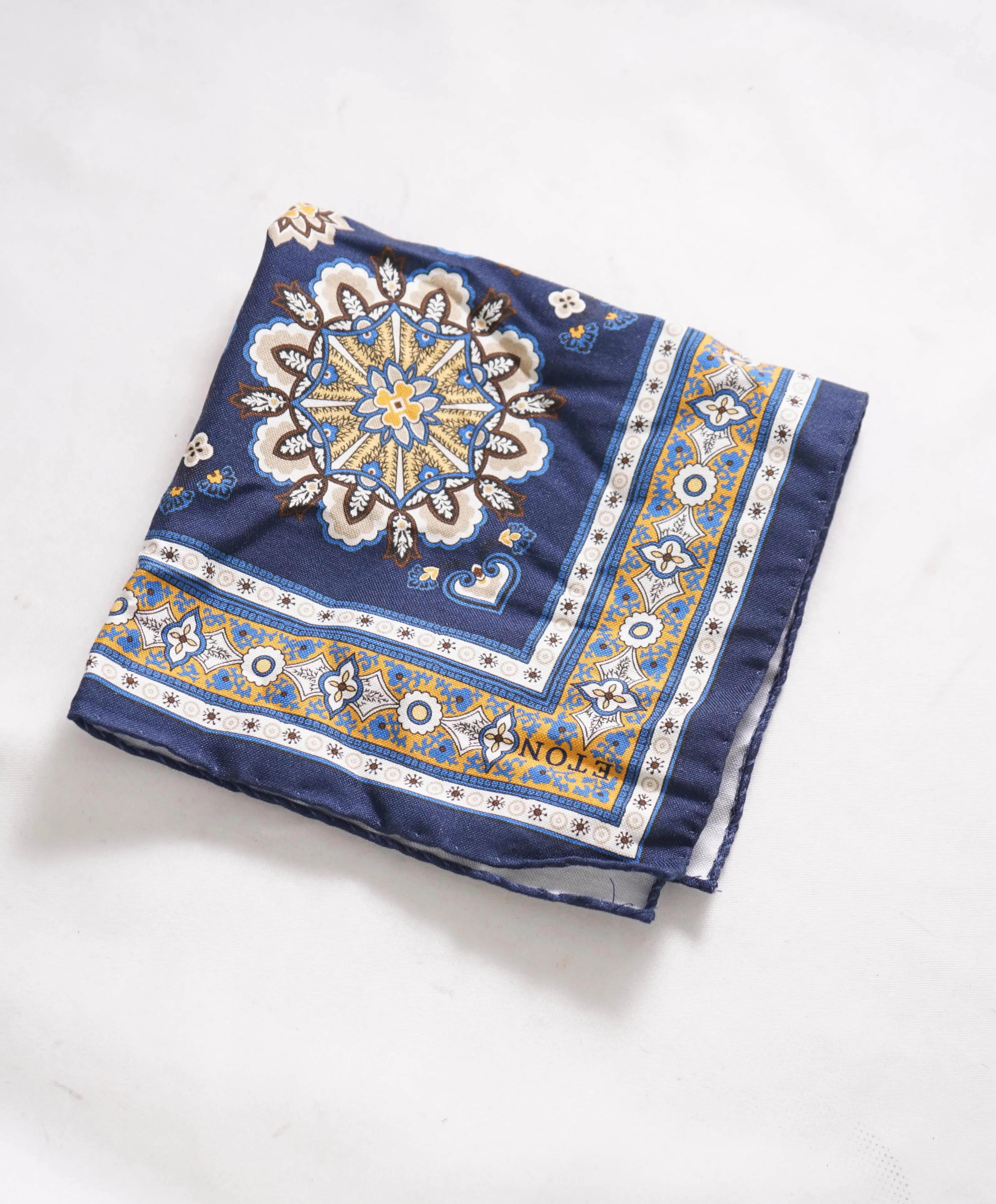 $75 ETON - Yellow & Blue Cotton/Silk Hand Rolled Pocket Square - N/A