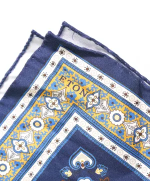 $75 ETON - Yellow & Blue Cotton/Silk Hand Rolled Pocket Square - N/A