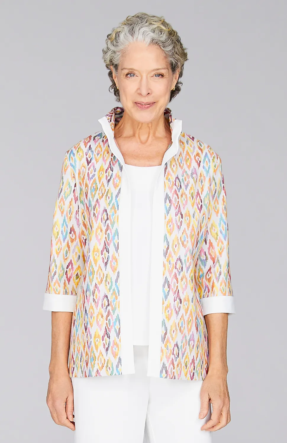 Abstract Feather Open Front High Neck Shirt