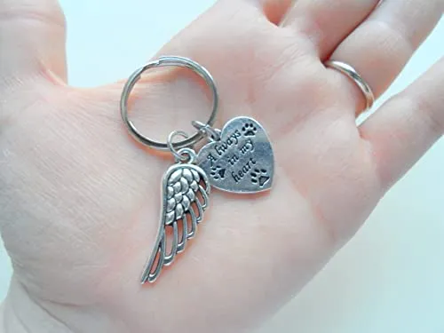 Always in My Heart & Paw Prints on Heart Charm Keychain with Wing Charm, Pet Memorial Keychain