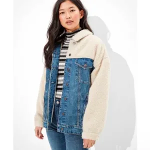 AMERICAN EAGLE Sherpa Trim Denim Trucker Blue Jean Jacket Size XL