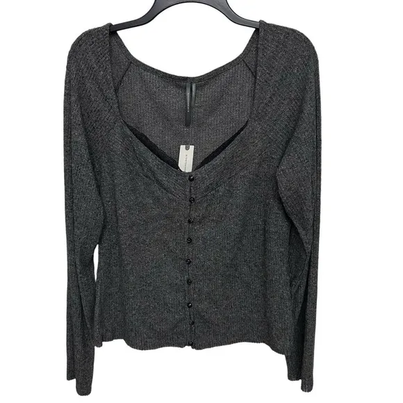 Anthropologie Gray Rib Knit Button Front Cardigan Sweater Shirt Womens Size XL