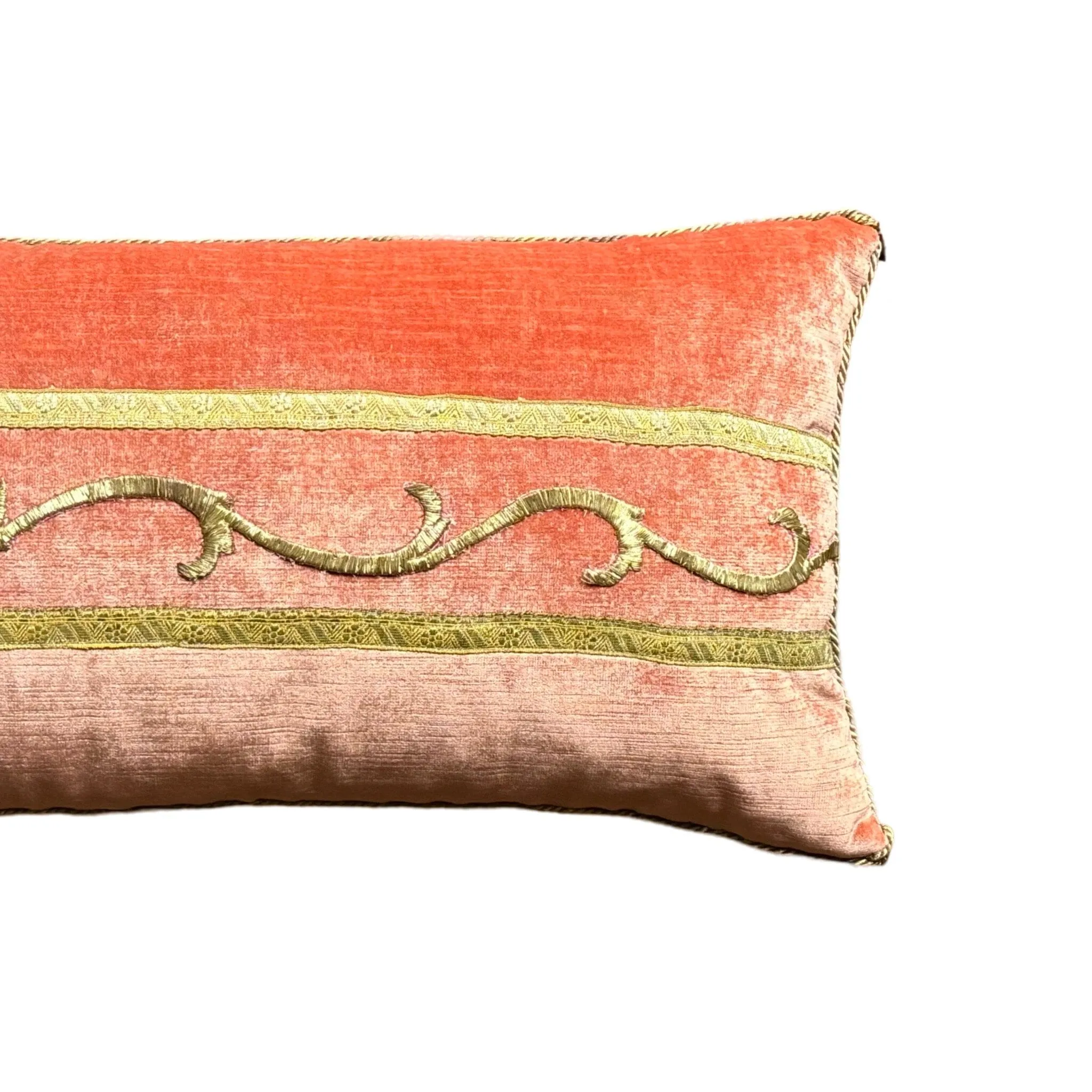 Antique Ottoman Empire Raised Gold Metallic Embroidery on Coral Velvet (#E081324 | 12 X 26")