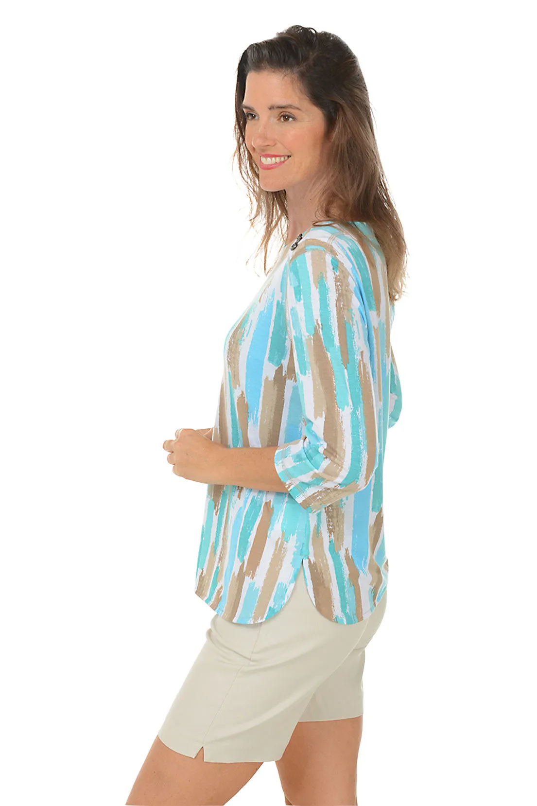 Aqua Brushstroke Stripe Button Shoulder Top