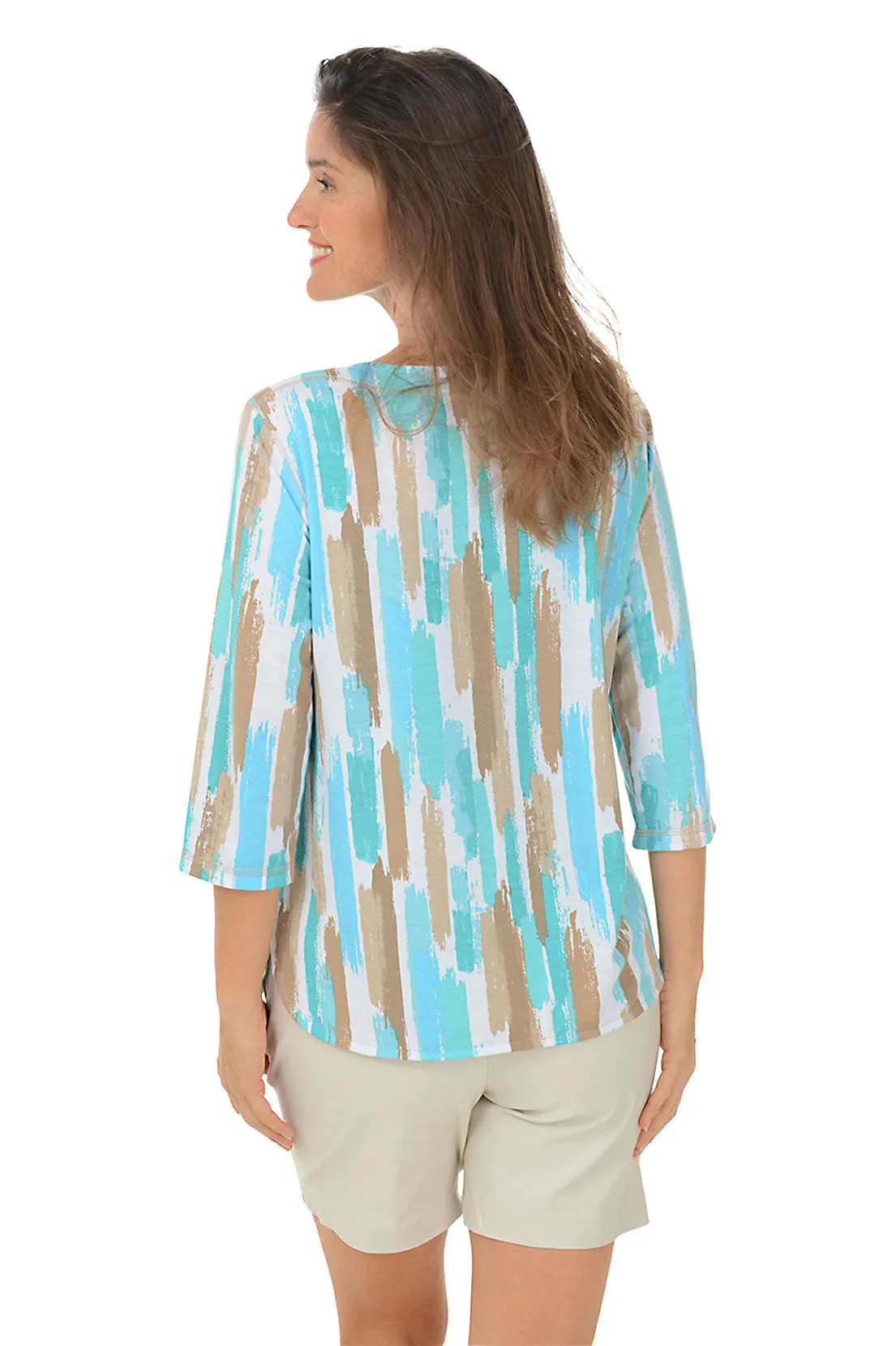 Aqua Brushstroke Stripe Button Shoulder Top