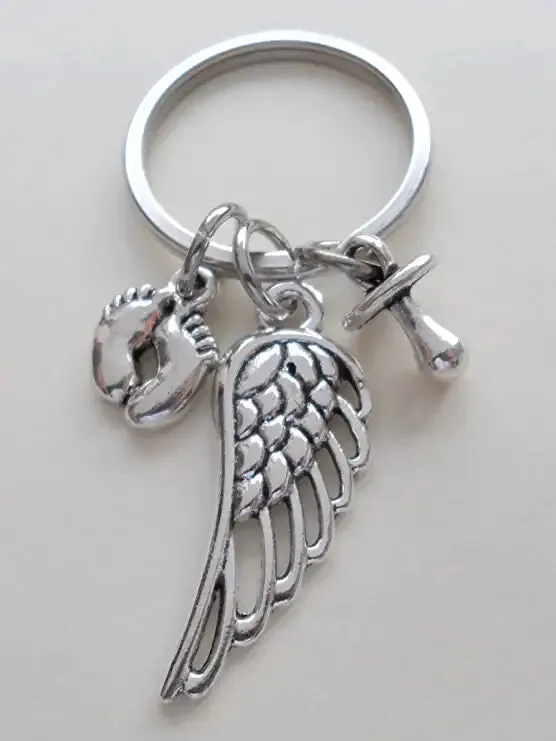 Baby Feet Charm & Wing Charm Keychain with Pacifier Charm, Baby Loss Memorial Keychain