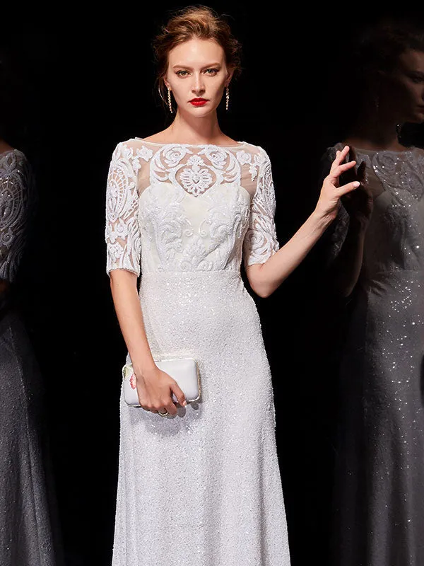Beautiful White Evening Dresses Lace Half Sleeve Sequin Long Formal Occasion Dress