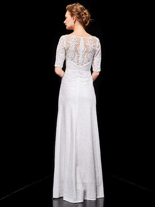 Beautiful White Evening Dresses Lace Half Sleeve Sequin Long Formal Occasion Dress