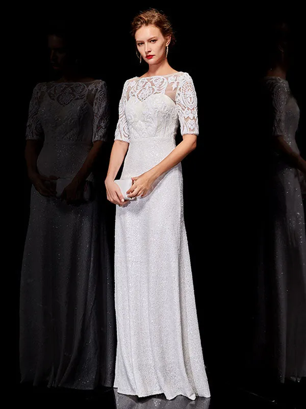 Beautiful White Evening Dresses Lace Half Sleeve Sequin Long Formal Occasion Dress