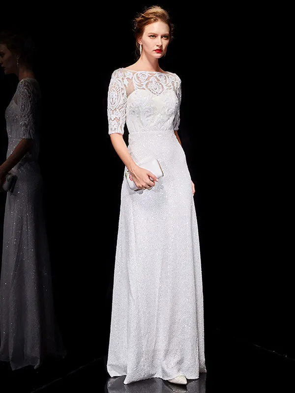 Beautiful White Evening Dresses Lace Half Sleeve Sequin Long Formal Occasion Dress