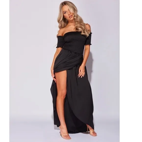 Black Satin Silk Off Shoulder Short Sleeve Ruched Hi-Low Maxi Dress