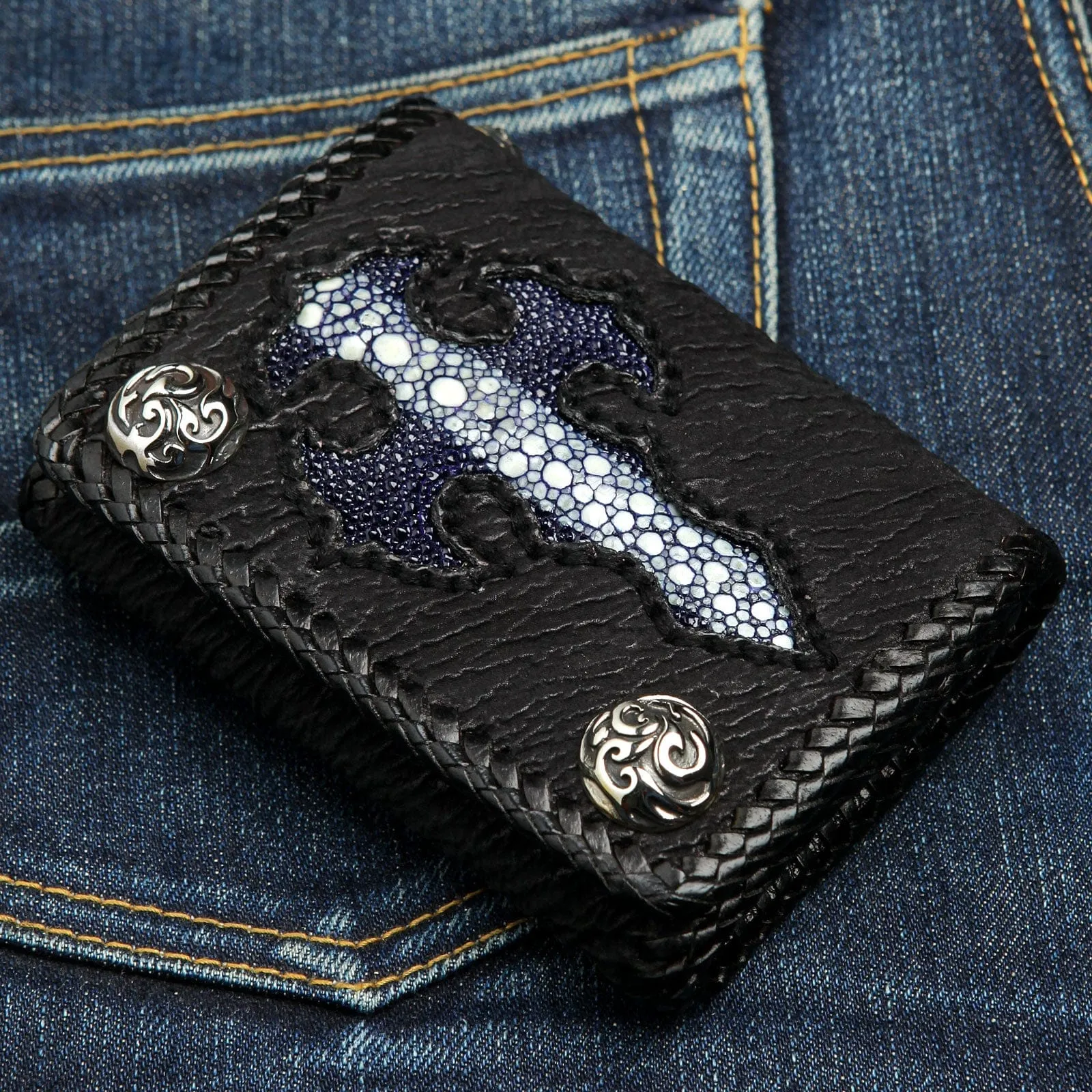 Blue Stingray Leather Gothic Cross Biker Wallet