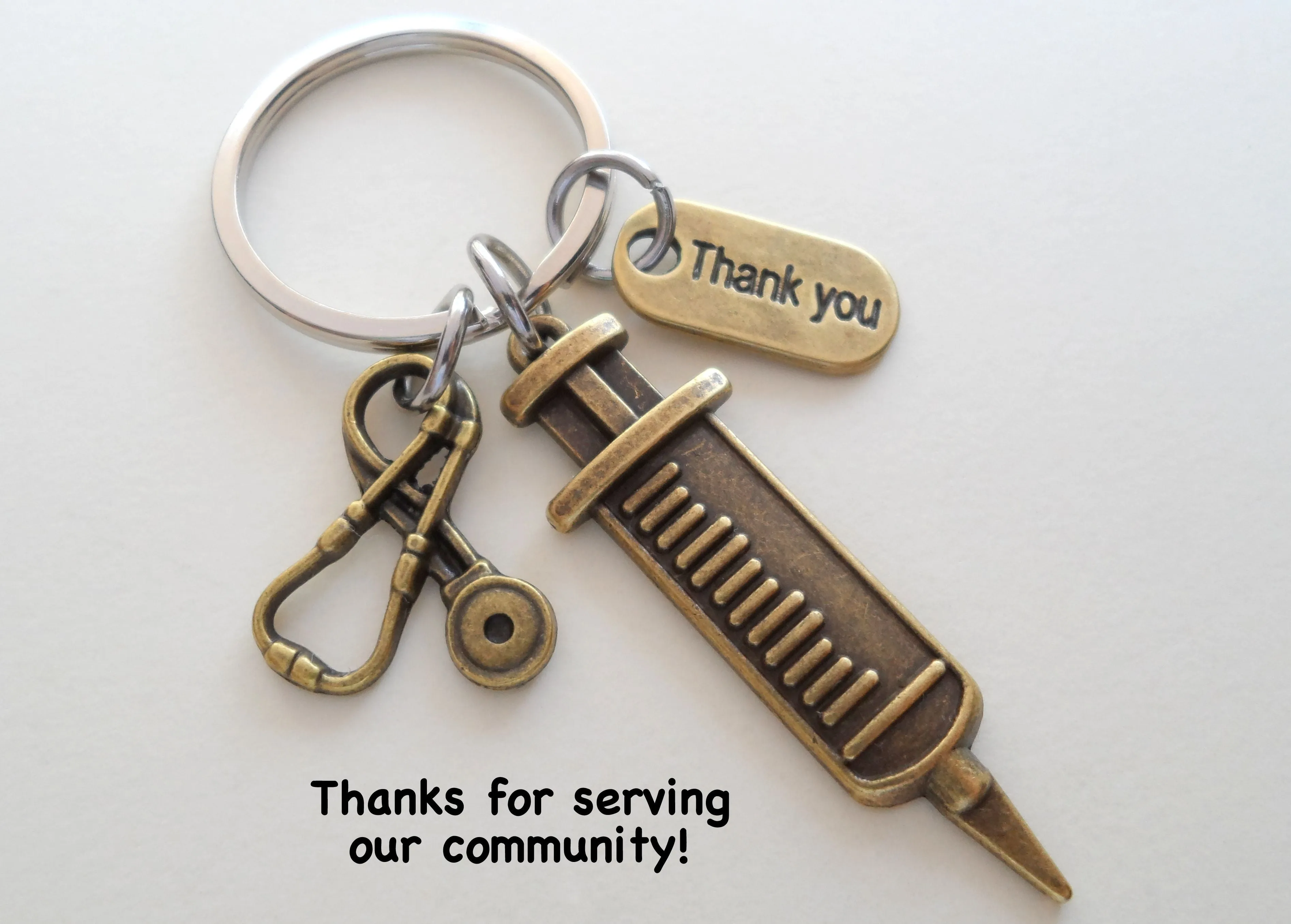 Bronze Syringe & Stethoscope Charm Keychain, Nurse Gift, Hospital Staff Appreciation Gift, Medical Team Gift, Thank You Gift