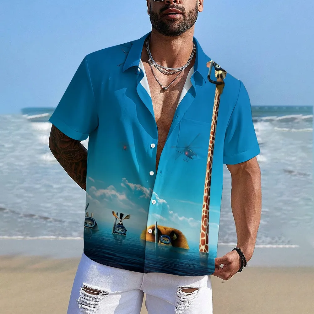Cartoon Animal Diving Print Casual Short Sleeve Shirt 2410002367