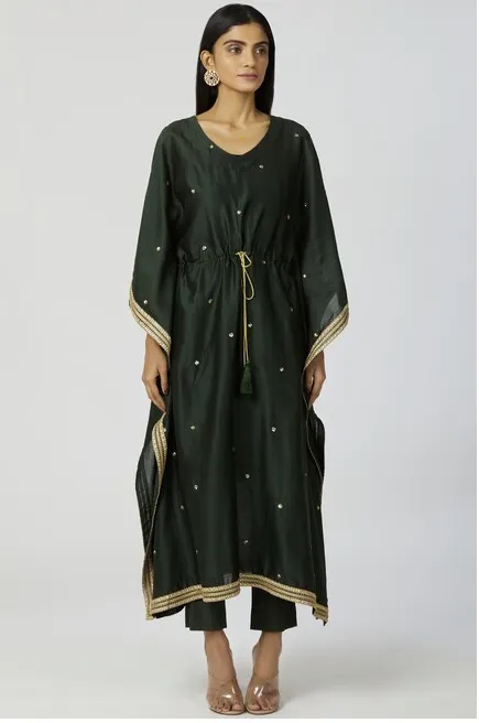 Chanderi Silk Embellished Kaftan & Pant Set in Bottle-Green