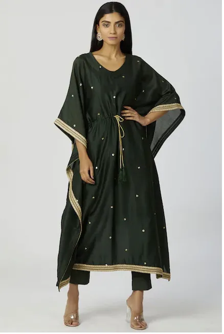 Chanderi Silk Embellished Kaftan & Pant Set in Bottle-Green