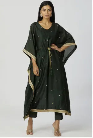 Chanderi Silk Embellished Kaftan & Pant Set in Bottle-Green