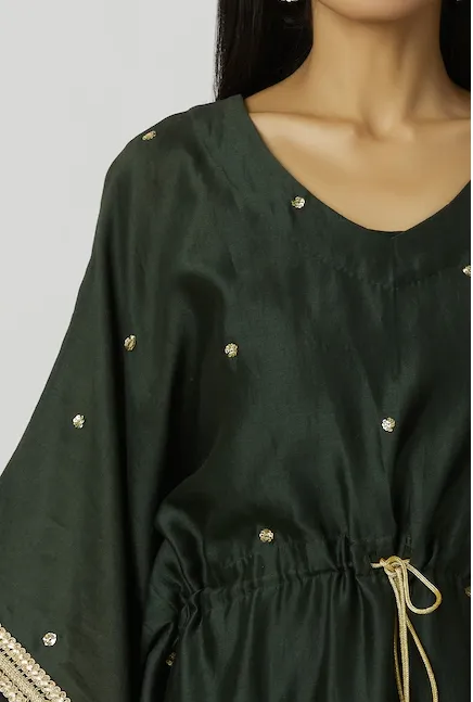 Chanderi Silk Embellished Kaftan & Pant Set in Bottle-Green