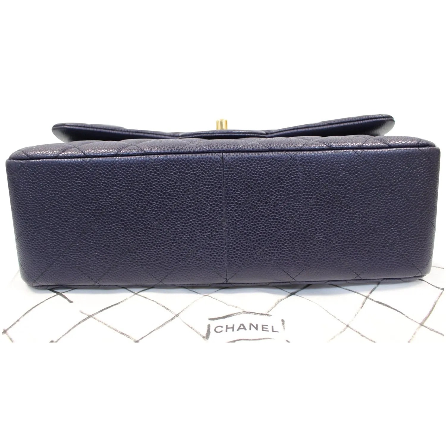 CHANEL Jumbo Double Flap Caviar Leather Shoulder Bag Navy Blue