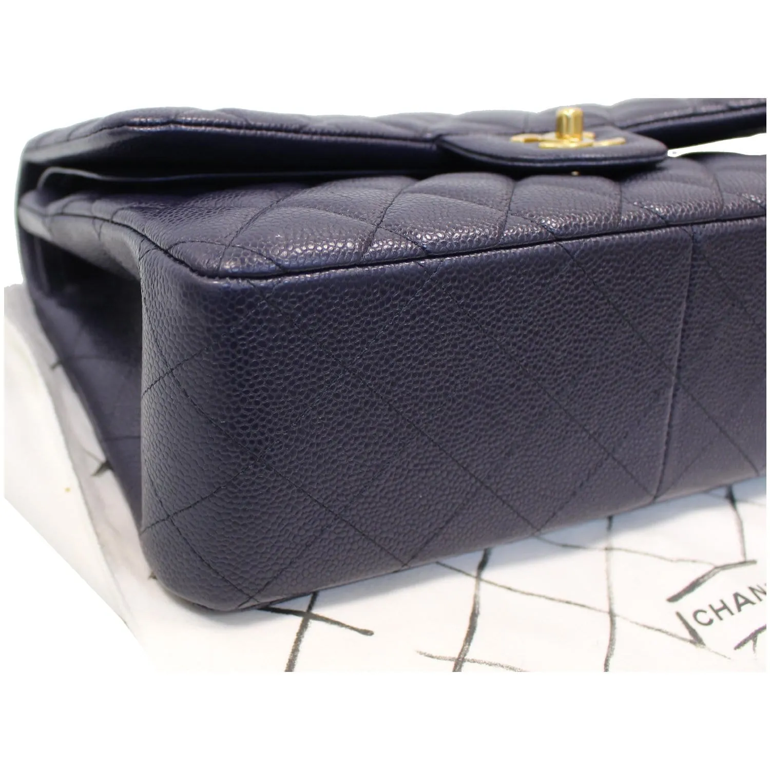 CHANEL Jumbo Double Flap Caviar Leather Shoulder Bag Navy Blue