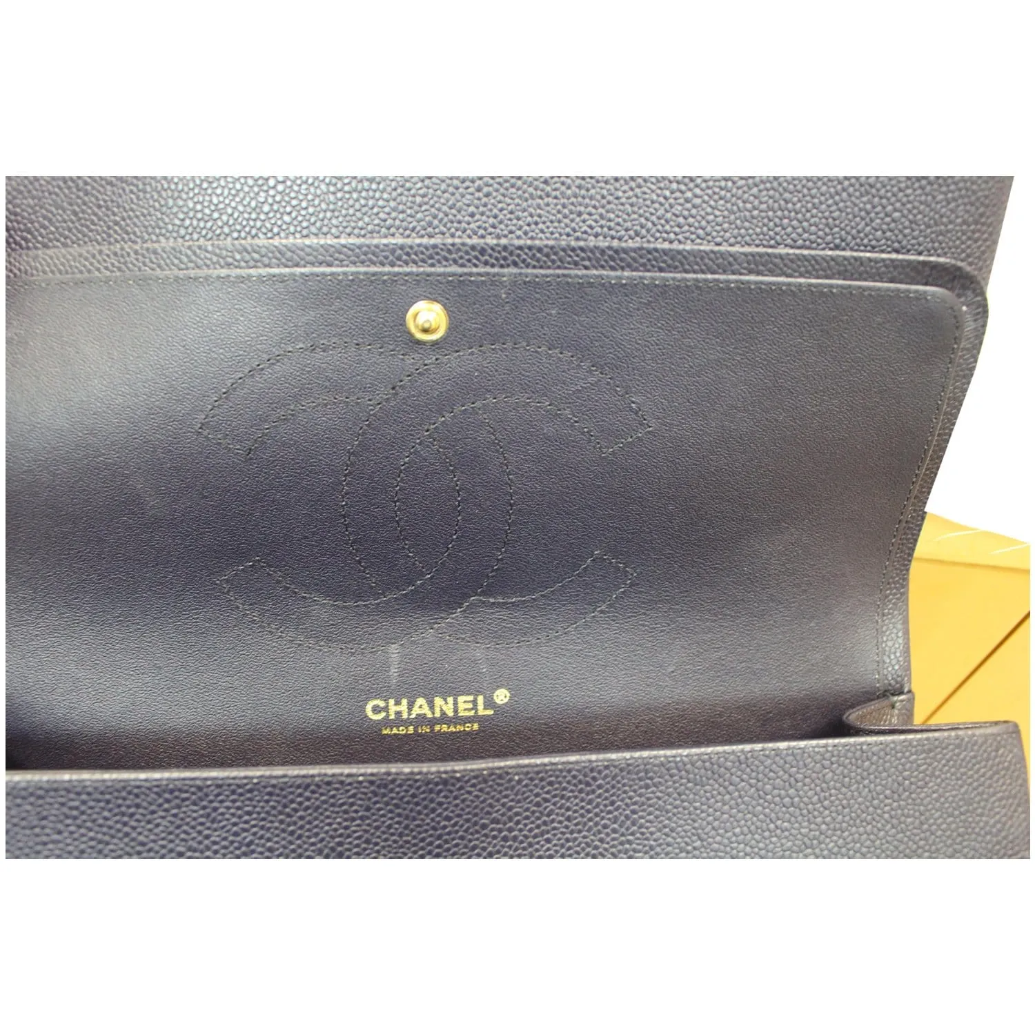 CHANEL Jumbo Double Flap Caviar Leather Shoulder Bag Navy Blue