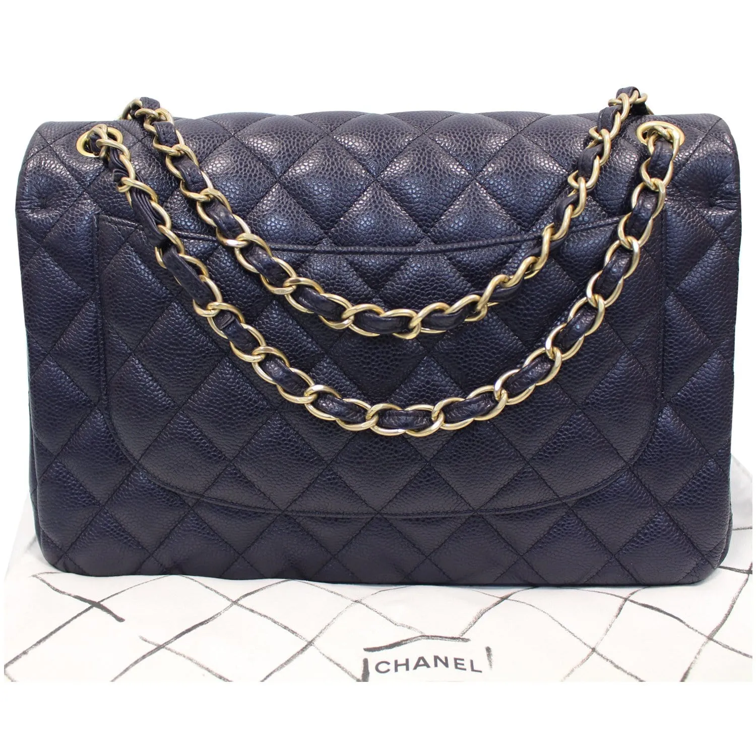 CHANEL Jumbo Double Flap Caviar Leather Shoulder Bag Navy Blue