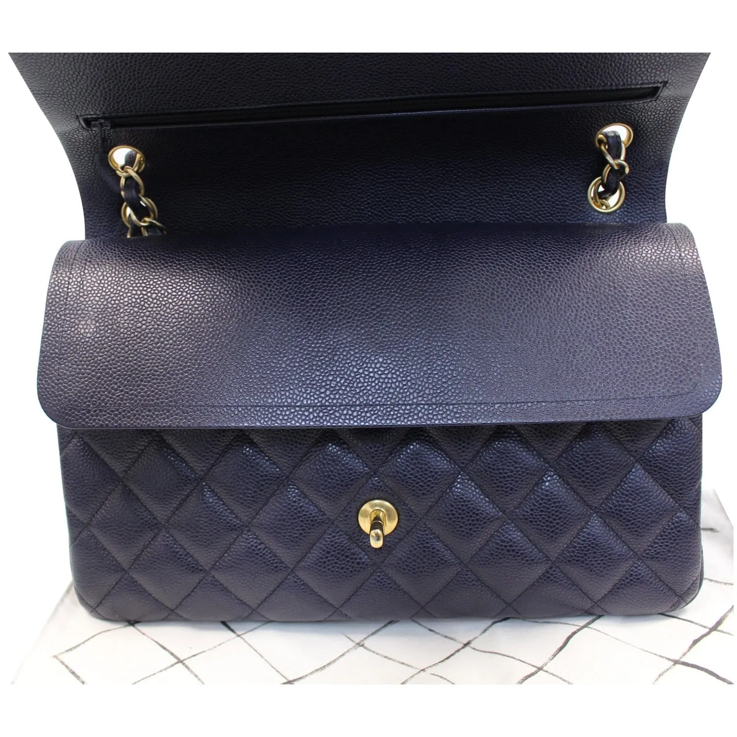 CHANEL Jumbo Double Flap Caviar Leather Shoulder Bag Navy Blue