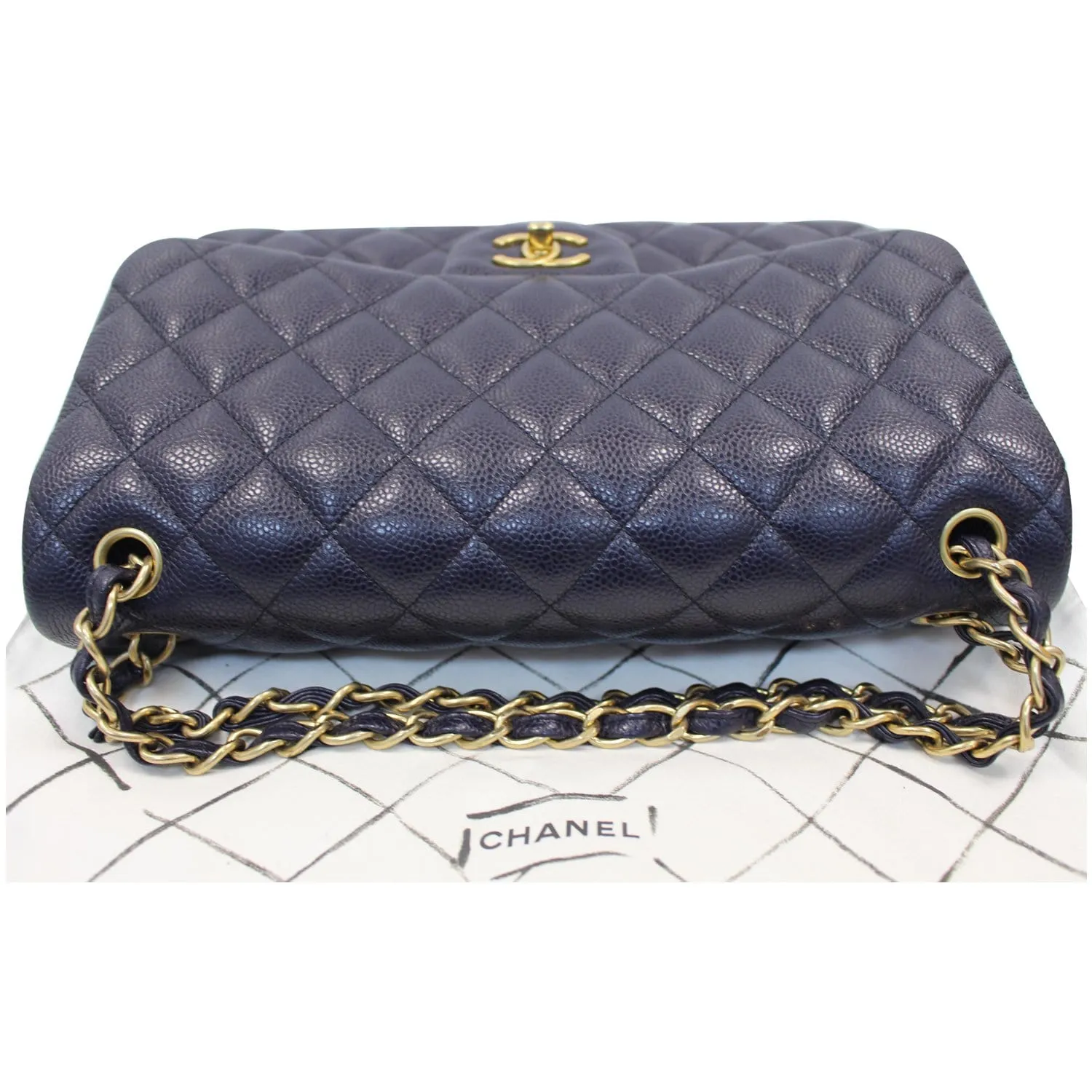 CHANEL Jumbo Double Flap Caviar Leather Shoulder Bag Navy Blue