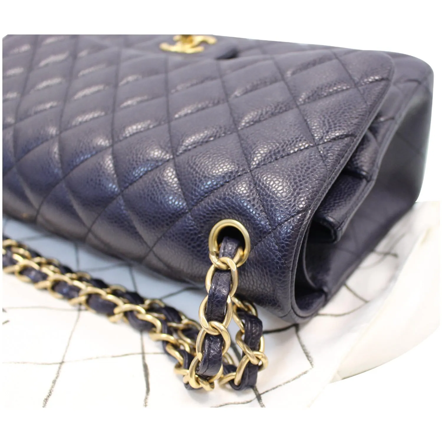 CHANEL Jumbo Double Flap Caviar Leather Shoulder Bag Navy Blue