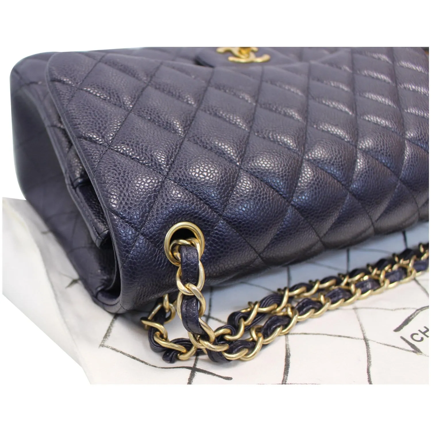 CHANEL Jumbo Double Flap Caviar Leather Shoulder Bag Navy Blue