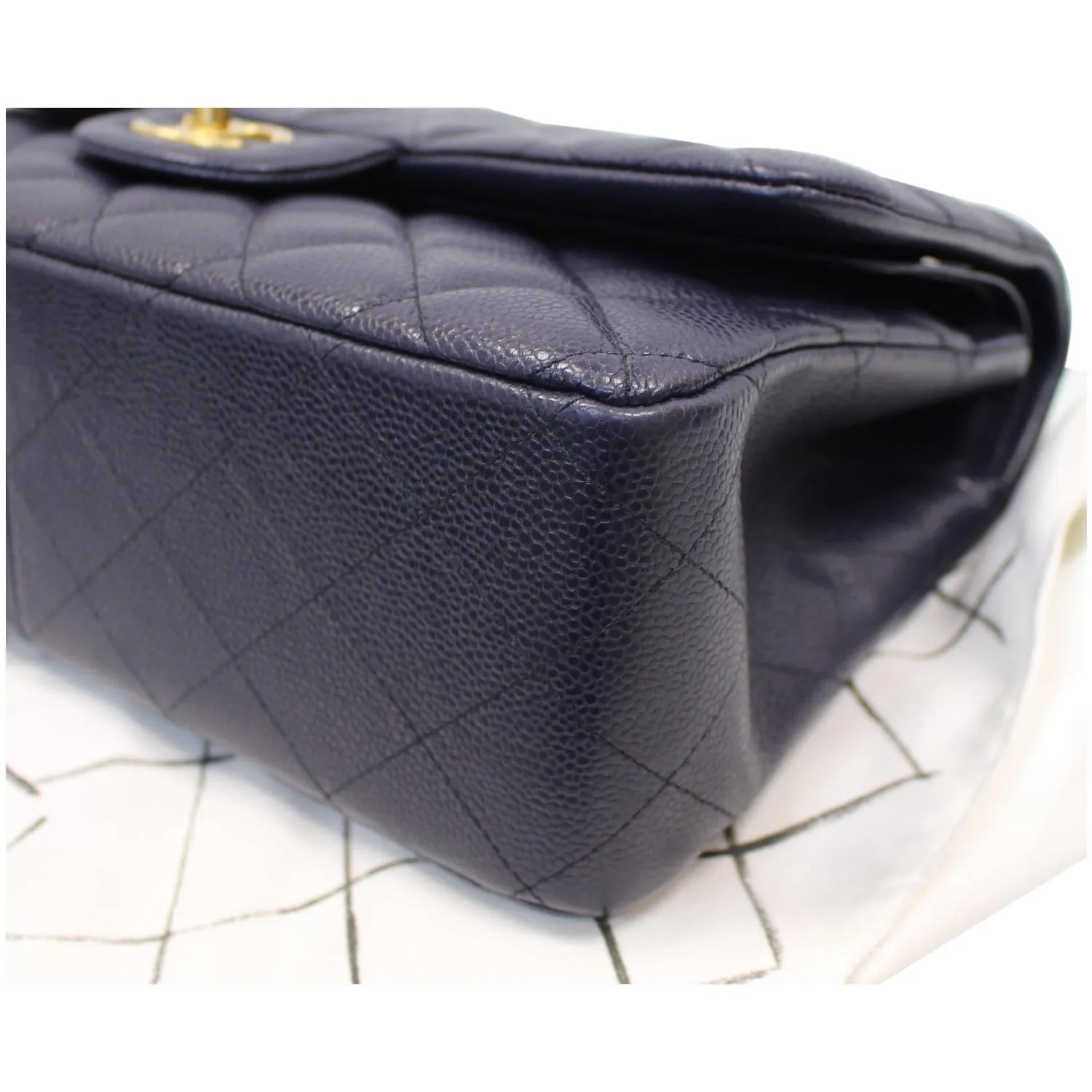 CHANEL Jumbo Double Flap Caviar Leather Shoulder Bag Navy Blue