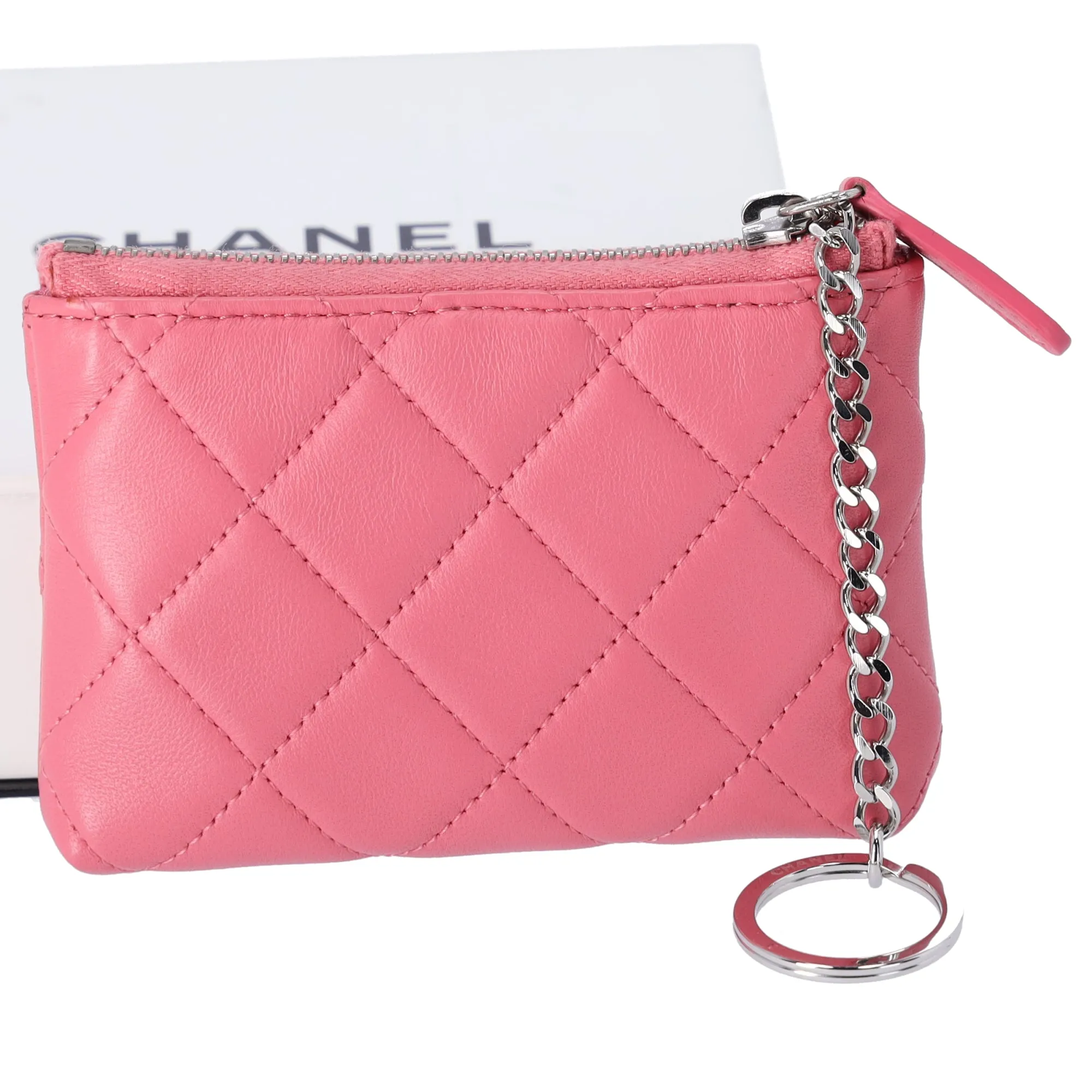 CHANEL Matelasse Key Ring Coin Case Wallet Pink Lambskin