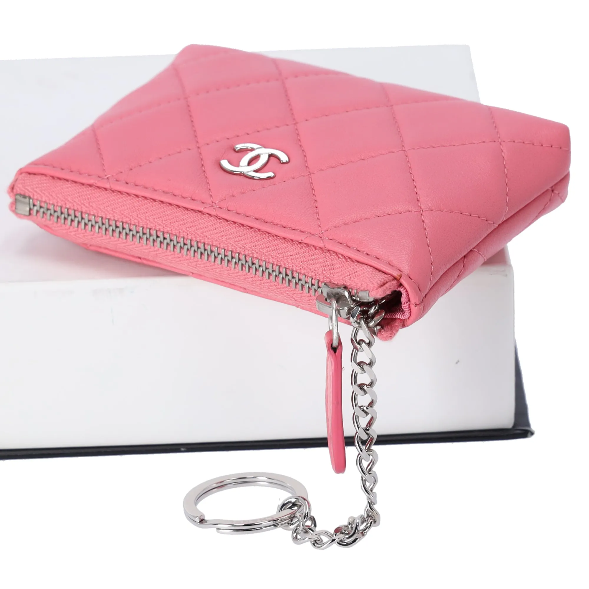 CHANEL Matelasse Key Ring Coin Case Wallet Pink Lambskin