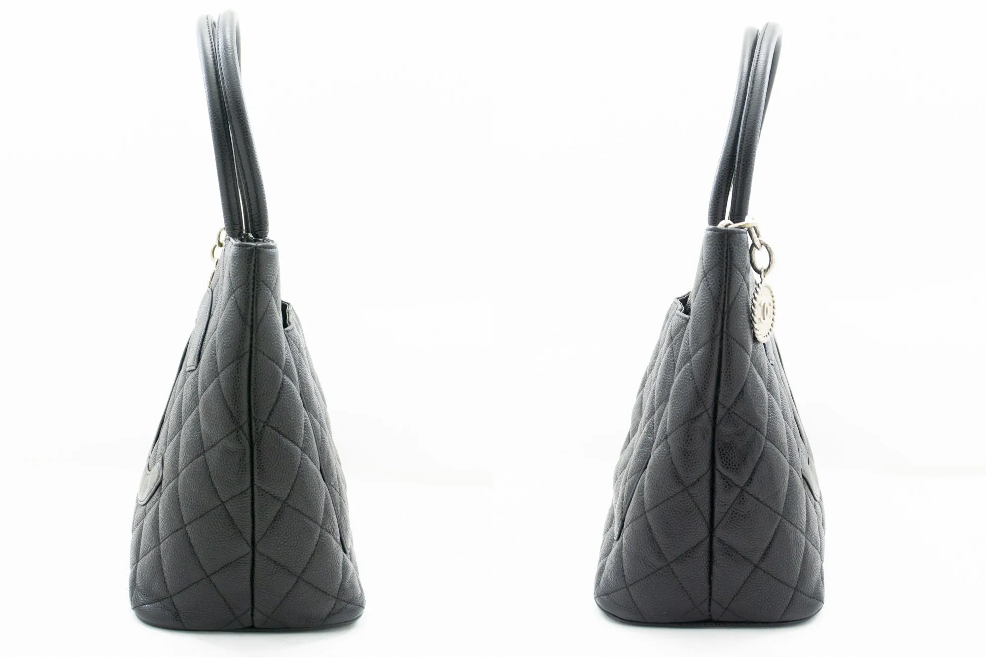 CHANEL Silver Medallion Caviar Shoulder Bag Shopping Tote Black k56