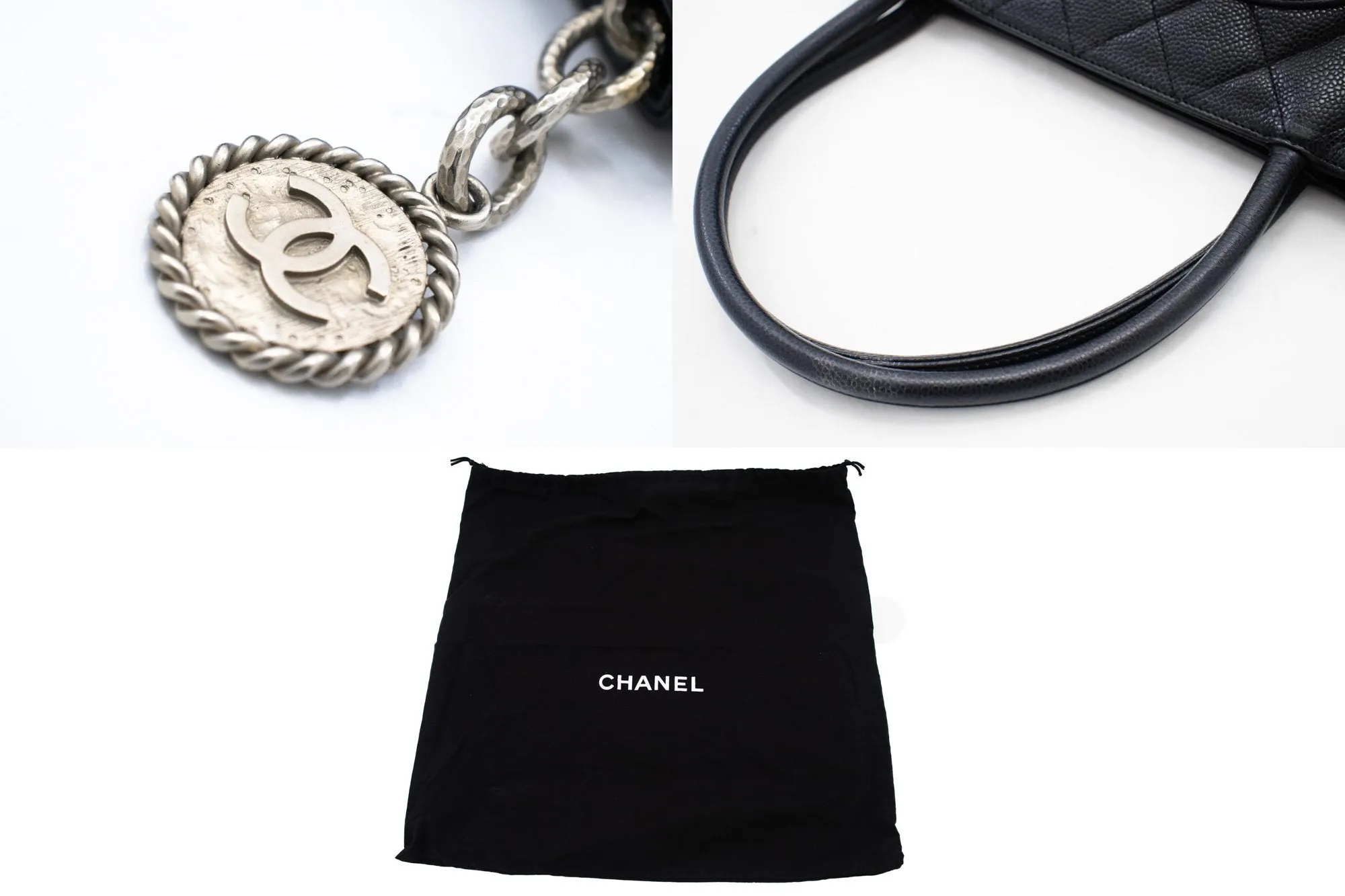 CHANEL Silver Medallion Caviar Shoulder Bag Shopping Tote Black k56