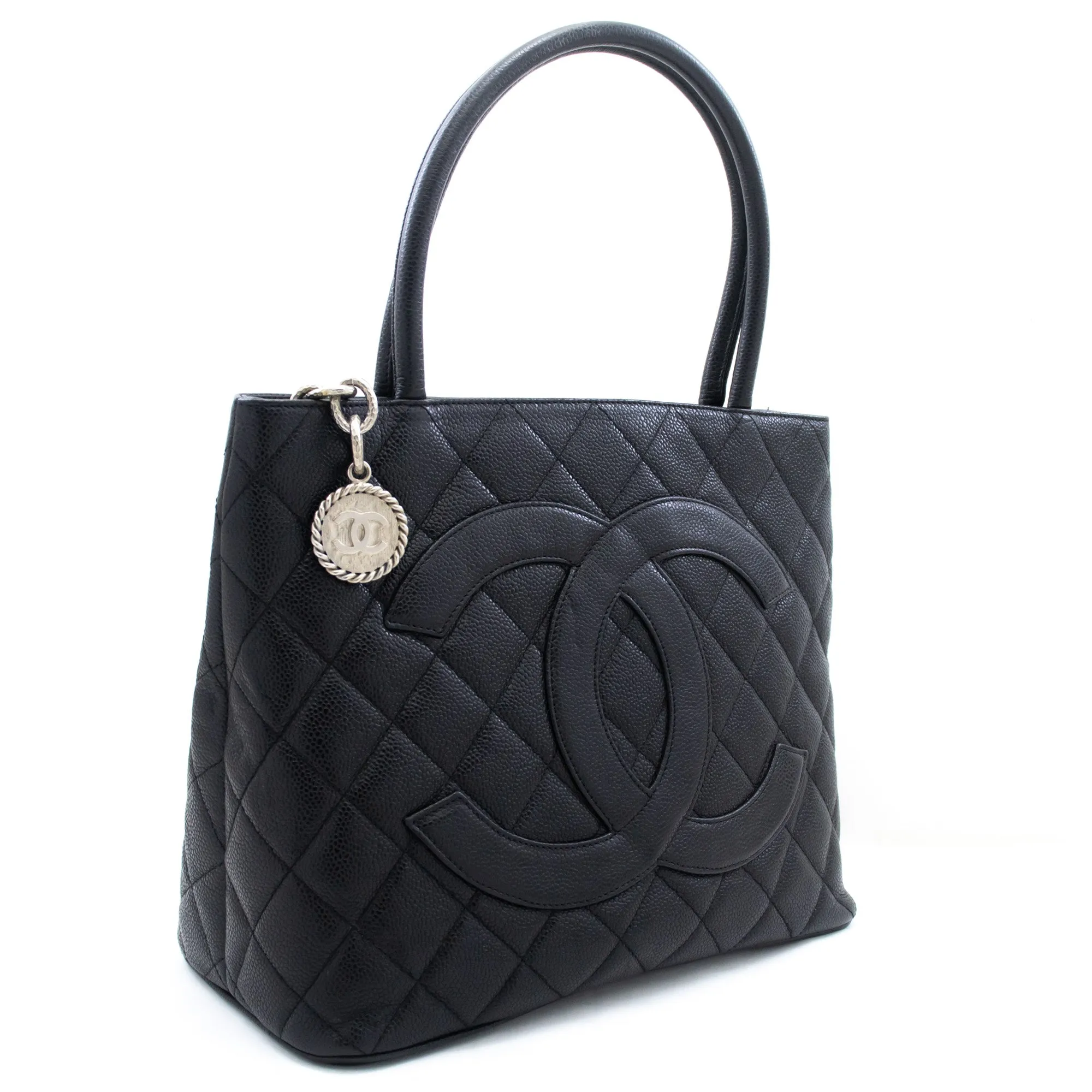 CHANEL Silver Medallion Caviar Shoulder Bag Shopping Tote Black k56