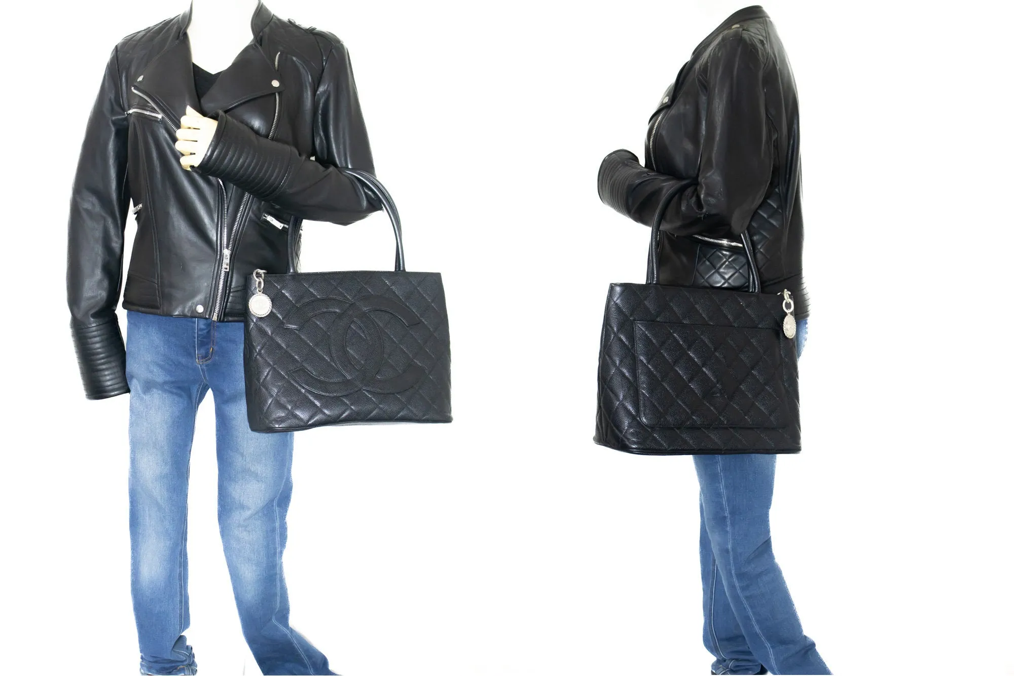 CHANEL Silver Medallion Caviar Shoulder Bag Shopping Tote Black k56