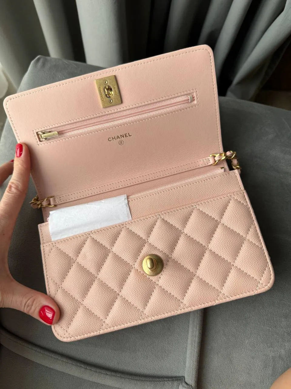 Chanel WOC Wallet On Chain Shiny Grained Calfskin Quilted Charms Enamel Strass Gold-Tone Metal Light Pink Bag Handbag