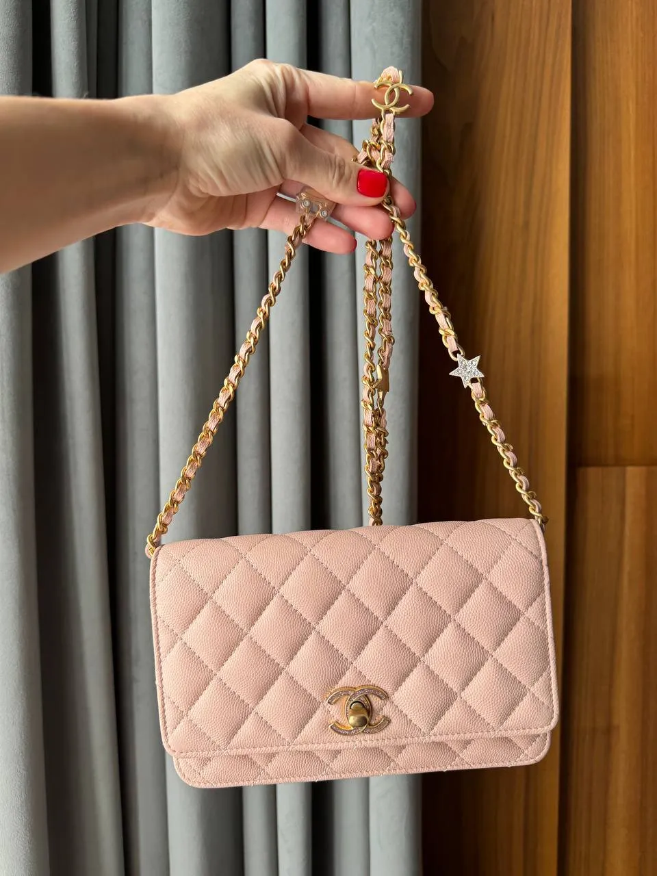 Chanel WOC Wallet On Chain Shiny Grained Calfskin Quilted Charms Enamel Strass Gold-Tone Metal Light Pink Bag Handbag