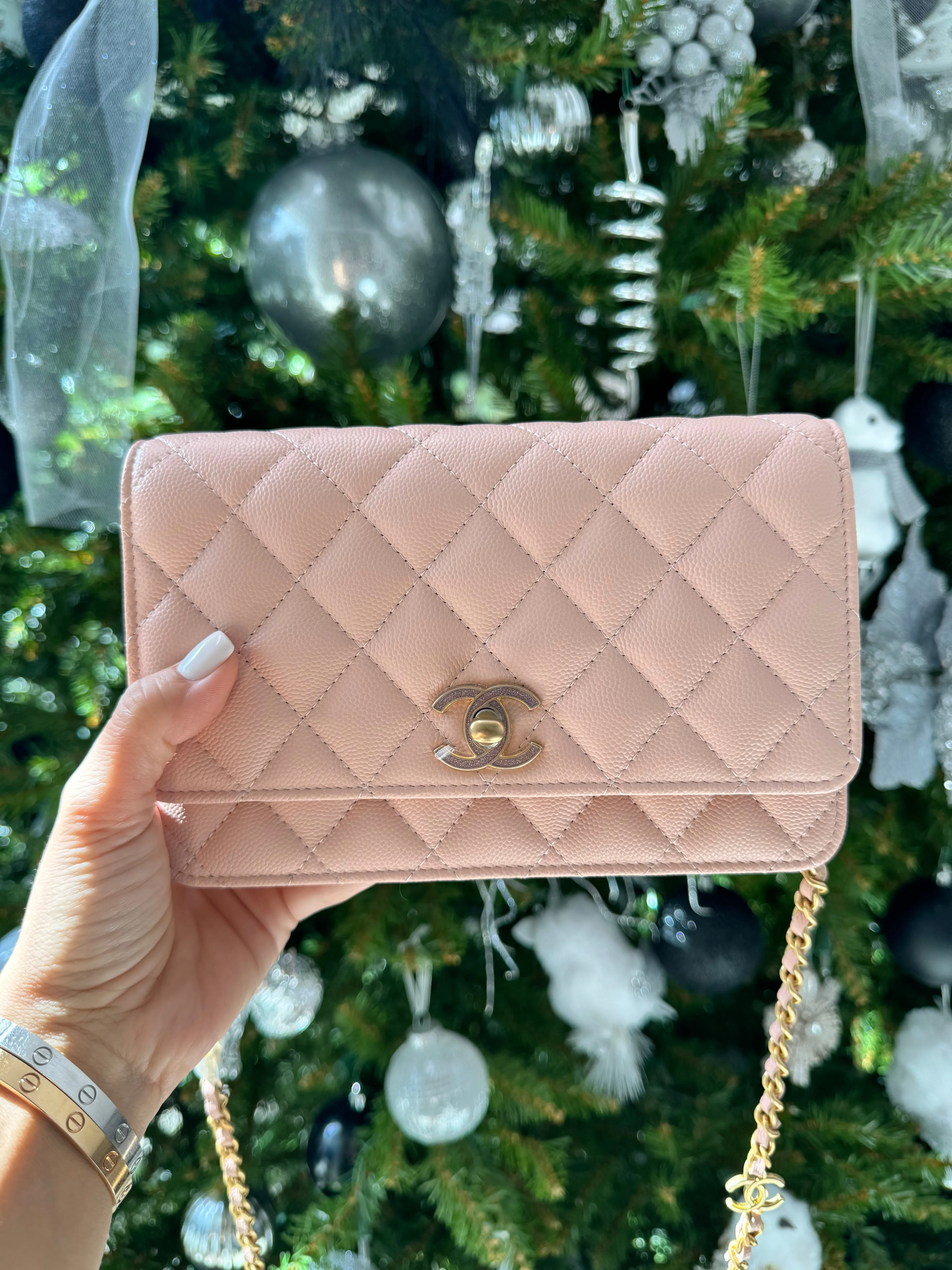 Chanel WOC Wallet On Chain Shiny Grained Calfskin Quilted Charms Enamel Strass Gold-Tone Metal Light Pink Bag Handbag