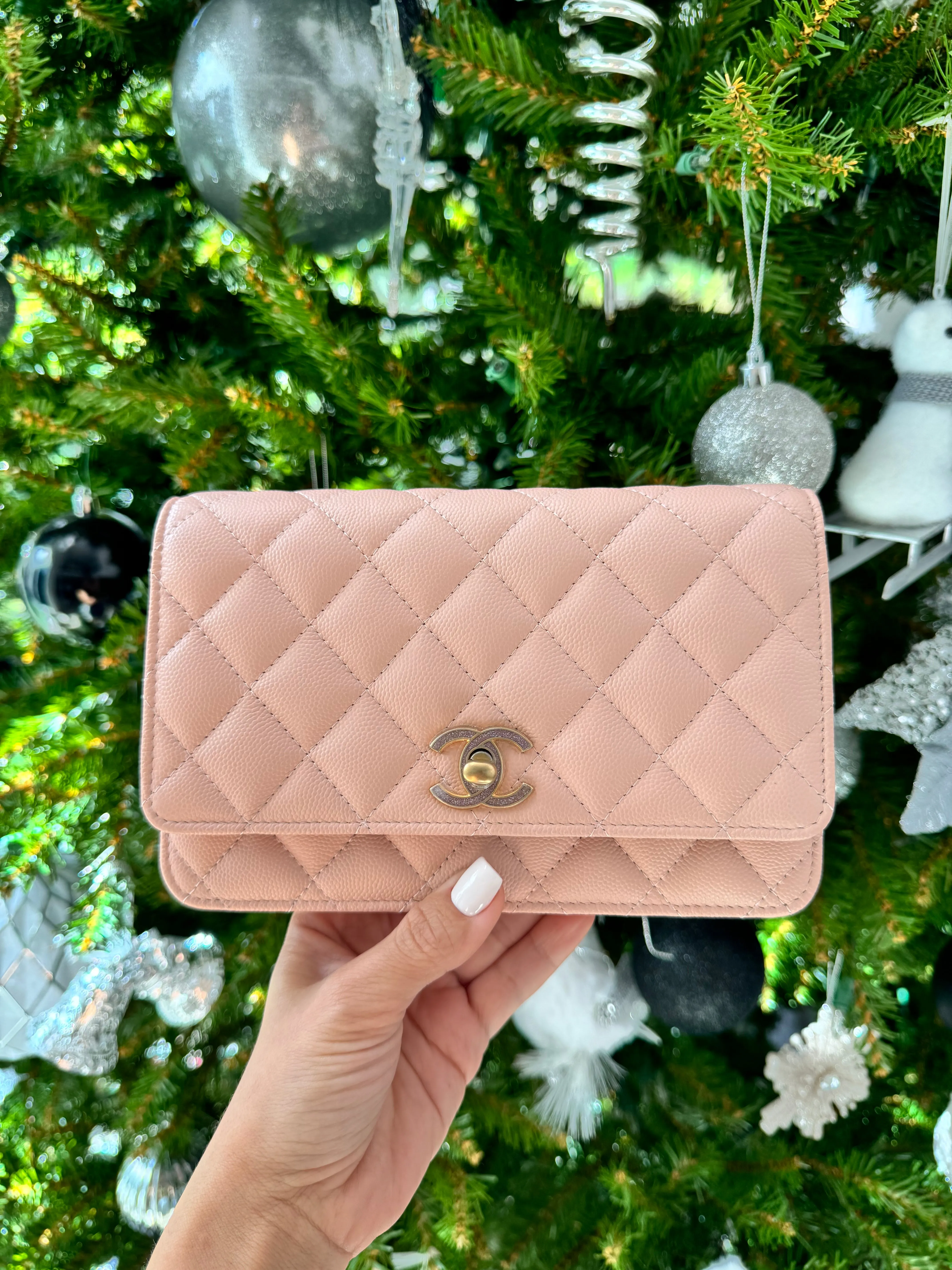 Chanel WOC Wallet On Chain Shiny Grained Calfskin Quilted Charms Enamel Strass Gold-Tone Metal Light Pink Bag Handbag