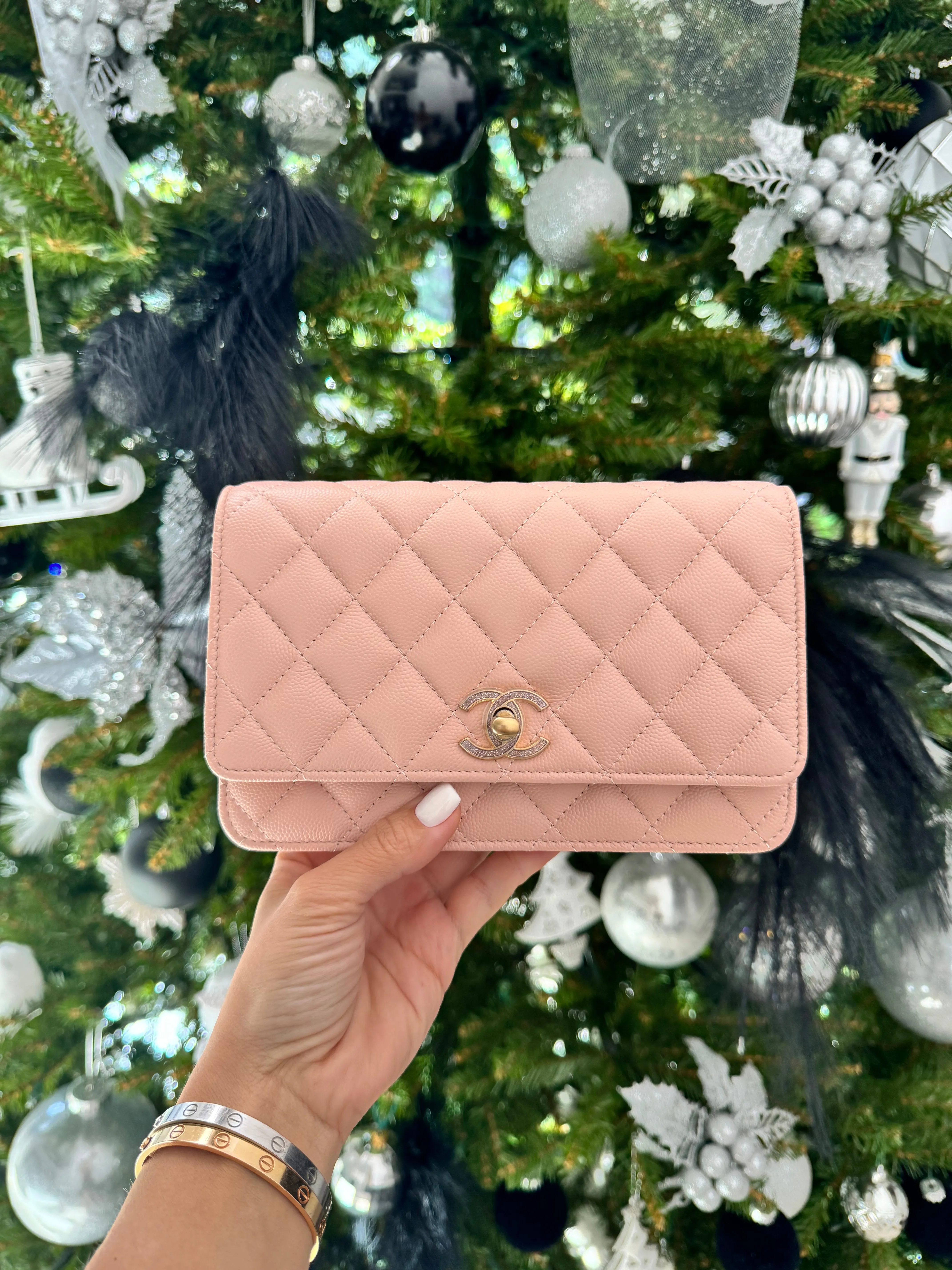 Chanel WOC Wallet On Chain Shiny Grained Calfskin Quilted Charms Enamel Strass Gold-Tone Metal Light Pink Bag Handbag