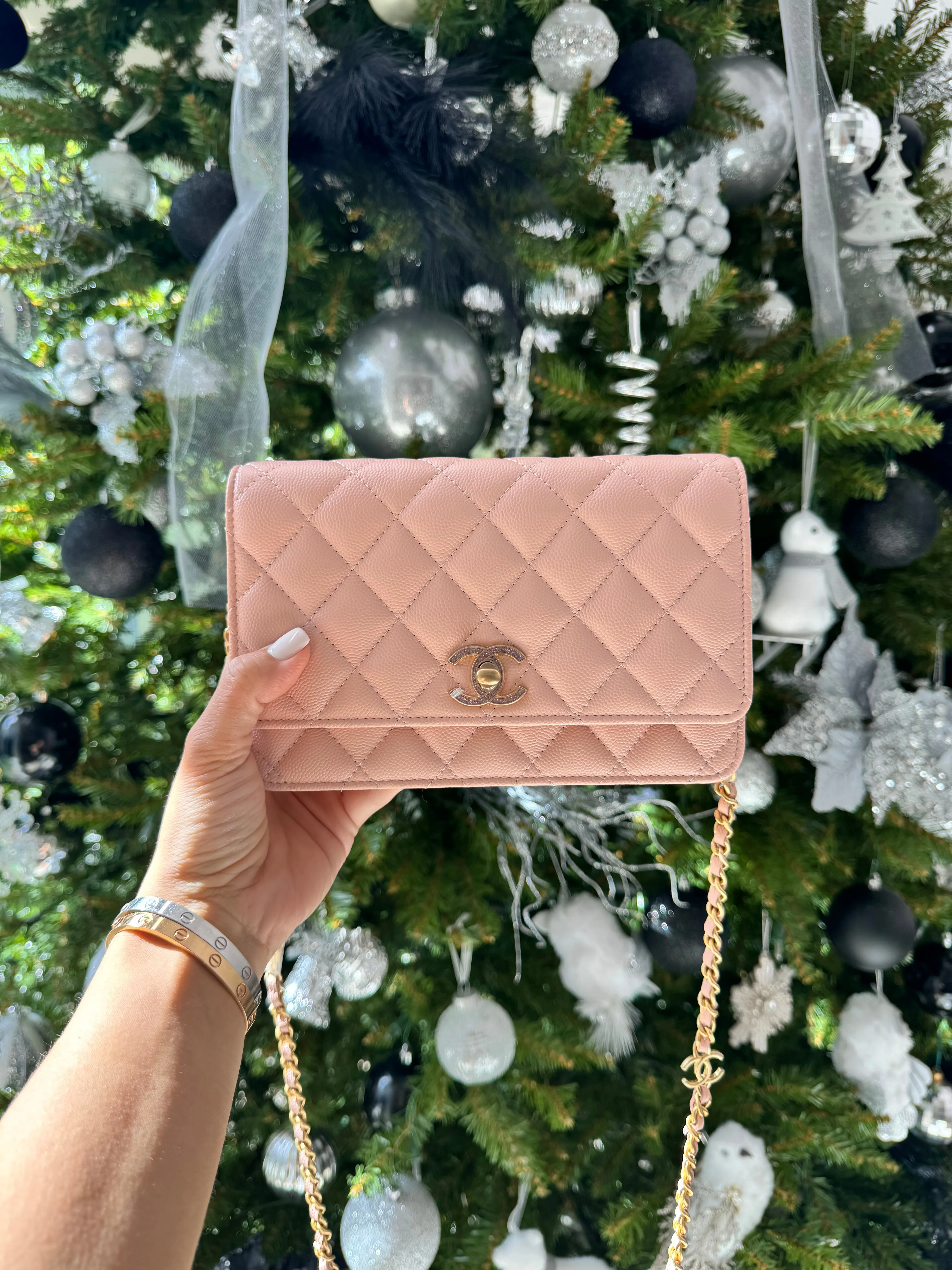 Chanel WOC Wallet On Chain Shiny Grained Calfskin Quilted Charms Enamel Strass Gold-Tone Metal Light Pink Bag Handbag